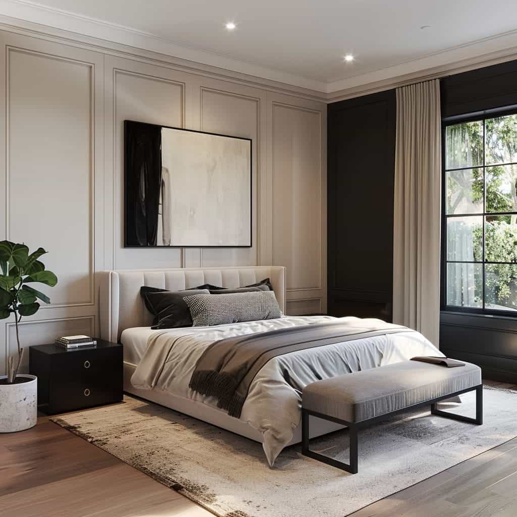 an image of a minimalist black and beige bedroom