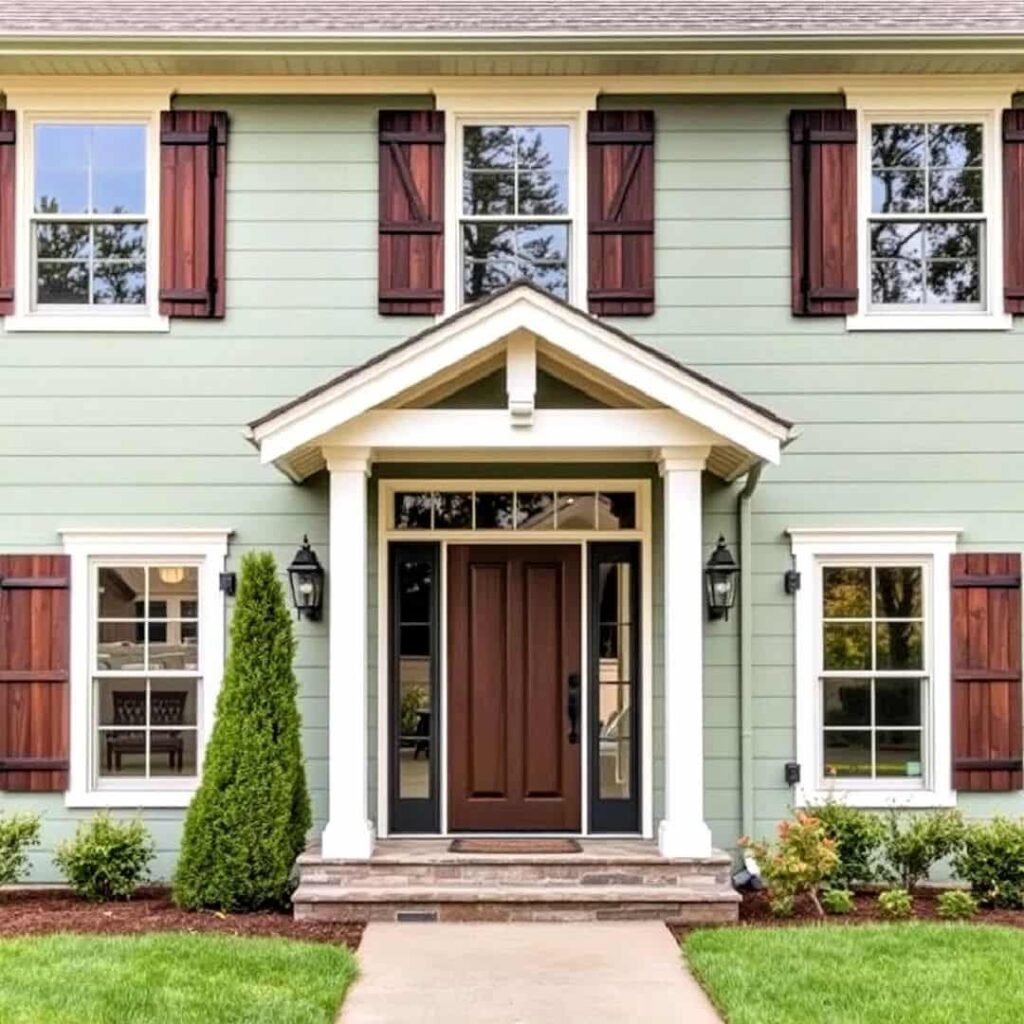 an image showing sage green house with brown wooden shutters