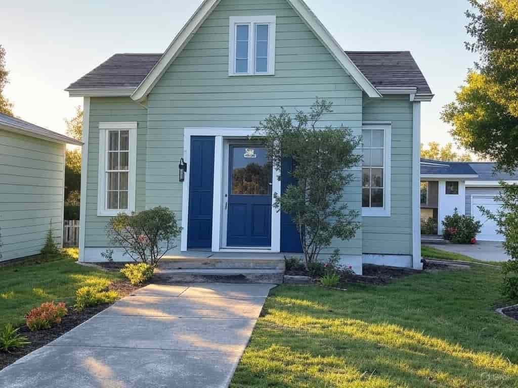 an image of Exterior Sage Green House with Navy Blue Front Door