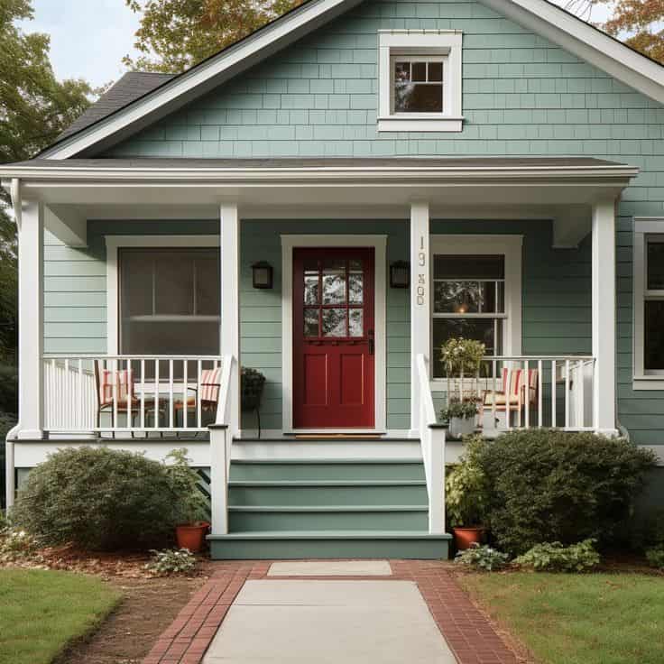 sage green house exterior with dark red front door