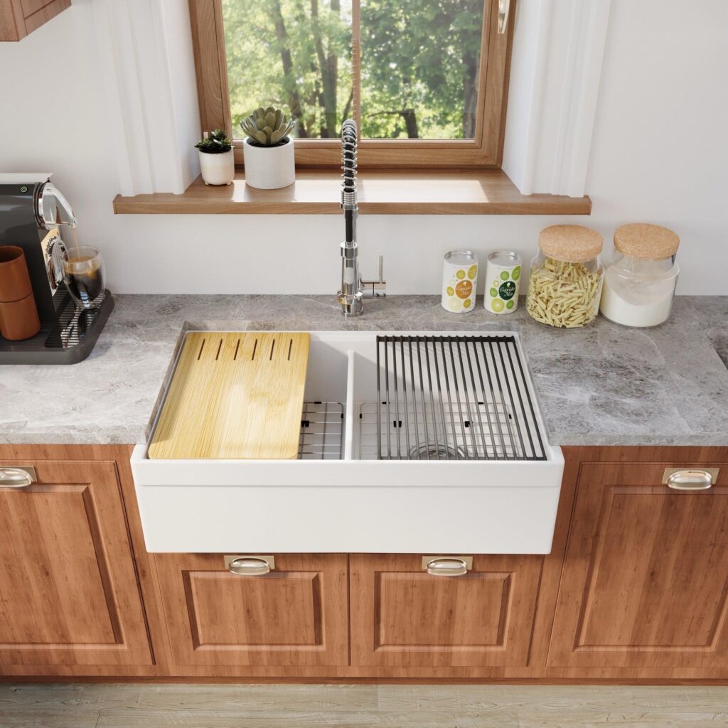 White 33-inch double-bowl fireclay farmhouse sink with a smooth apron front, model SN3320WD