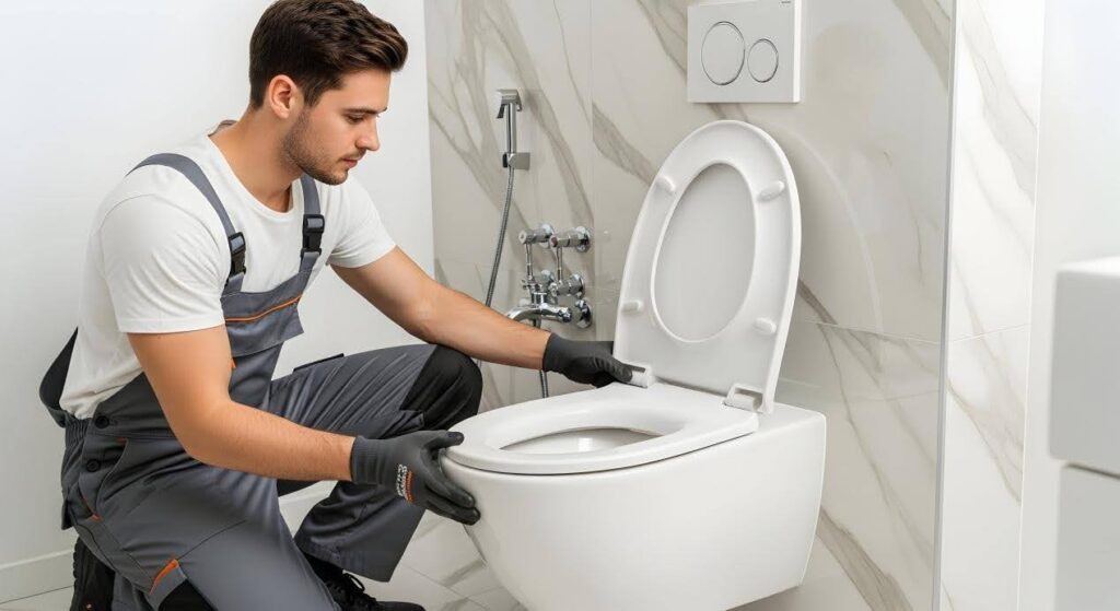A man fixing the Wall Cistern in bathroom