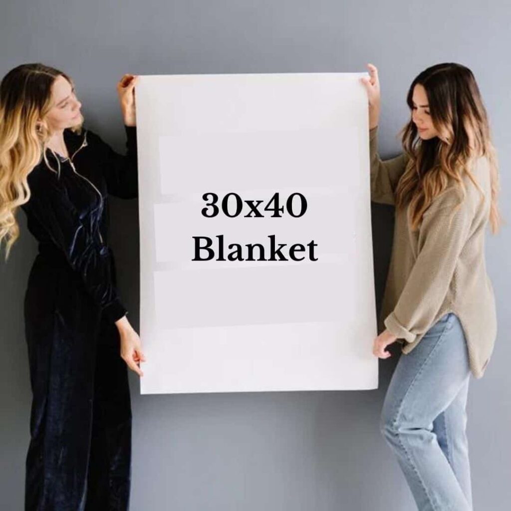 an image of two ladies holding a 30x40 blanket size, edited with canva