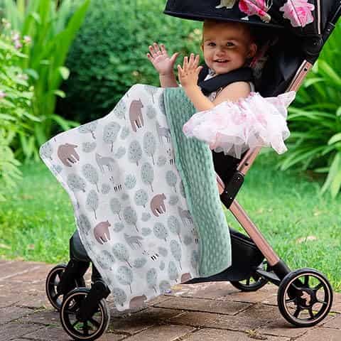 an image of kid sitting in a stroller having a stroller blanket