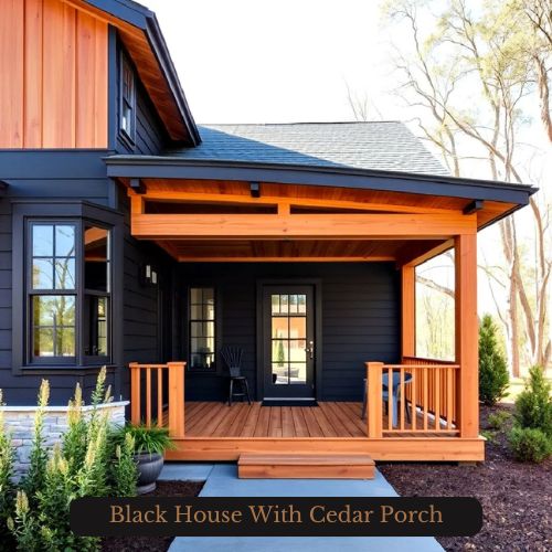 an image of a black house with cedar porch