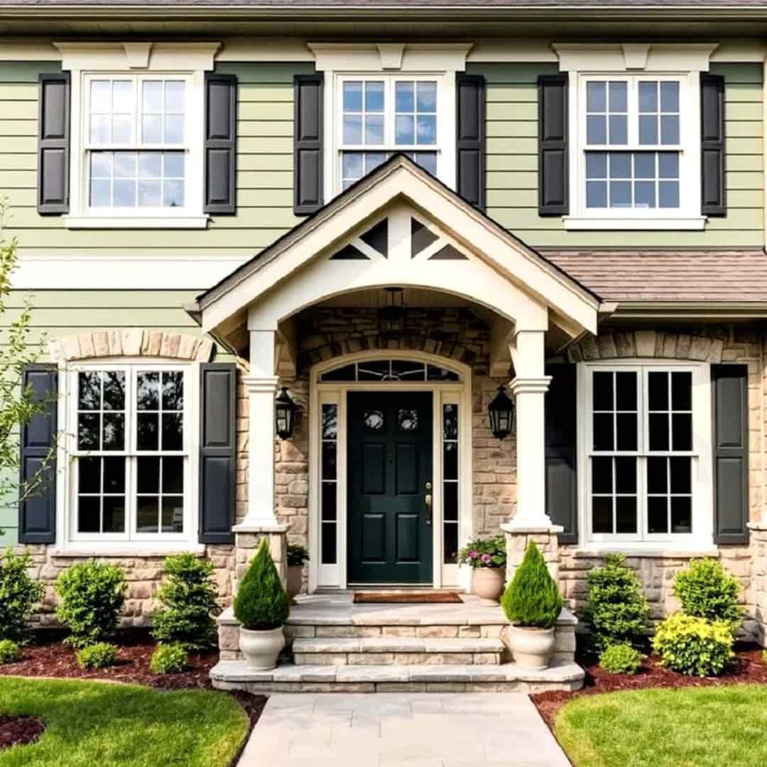 an image showing black shutters on sage green exterior