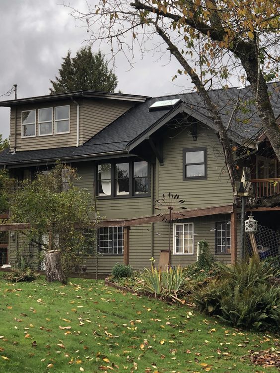 an image of a dark sage green house with black siding and black roof