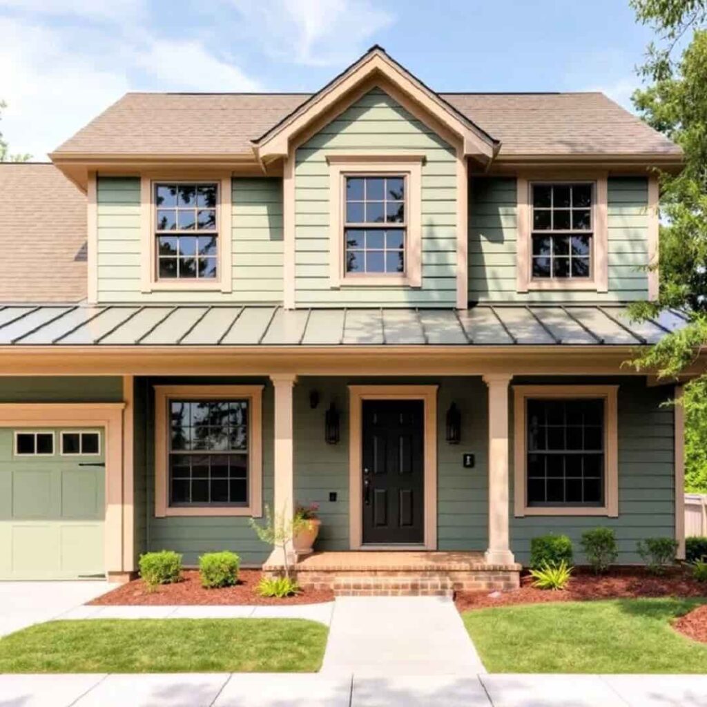 an image of Sage green house with wooden accents on doors and windows