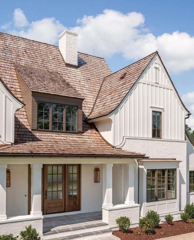 White house with brown roof