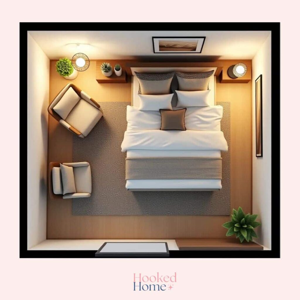 an image with a 10x10 room, twin sized bed, two guest chair, and proper lighting