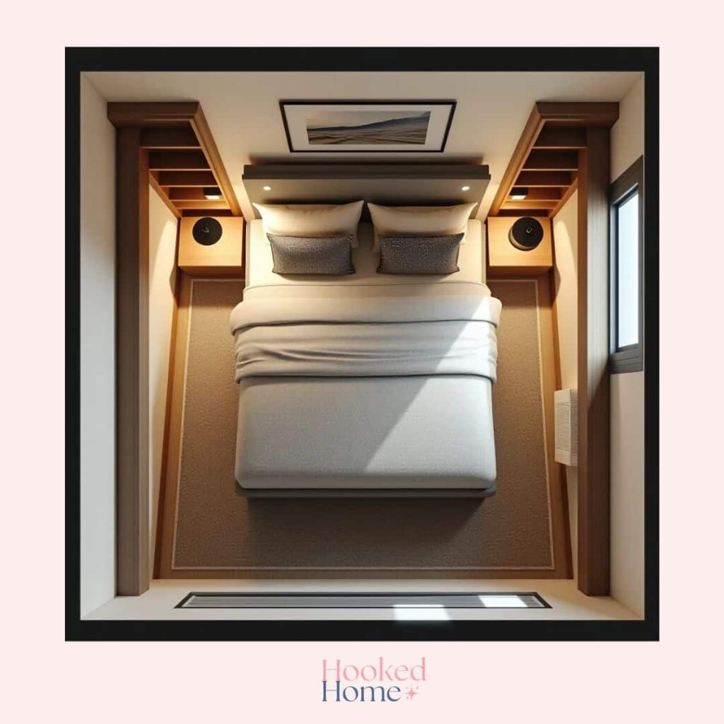 an image showing how a king size bed has been fitted into a 10x10 bedroom with wall vertical storage on either side of the bed