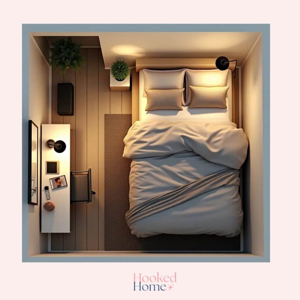 an image of 10x10 bedroom with queen sized bed on the right side and a workspace on the left side, ambient lighting