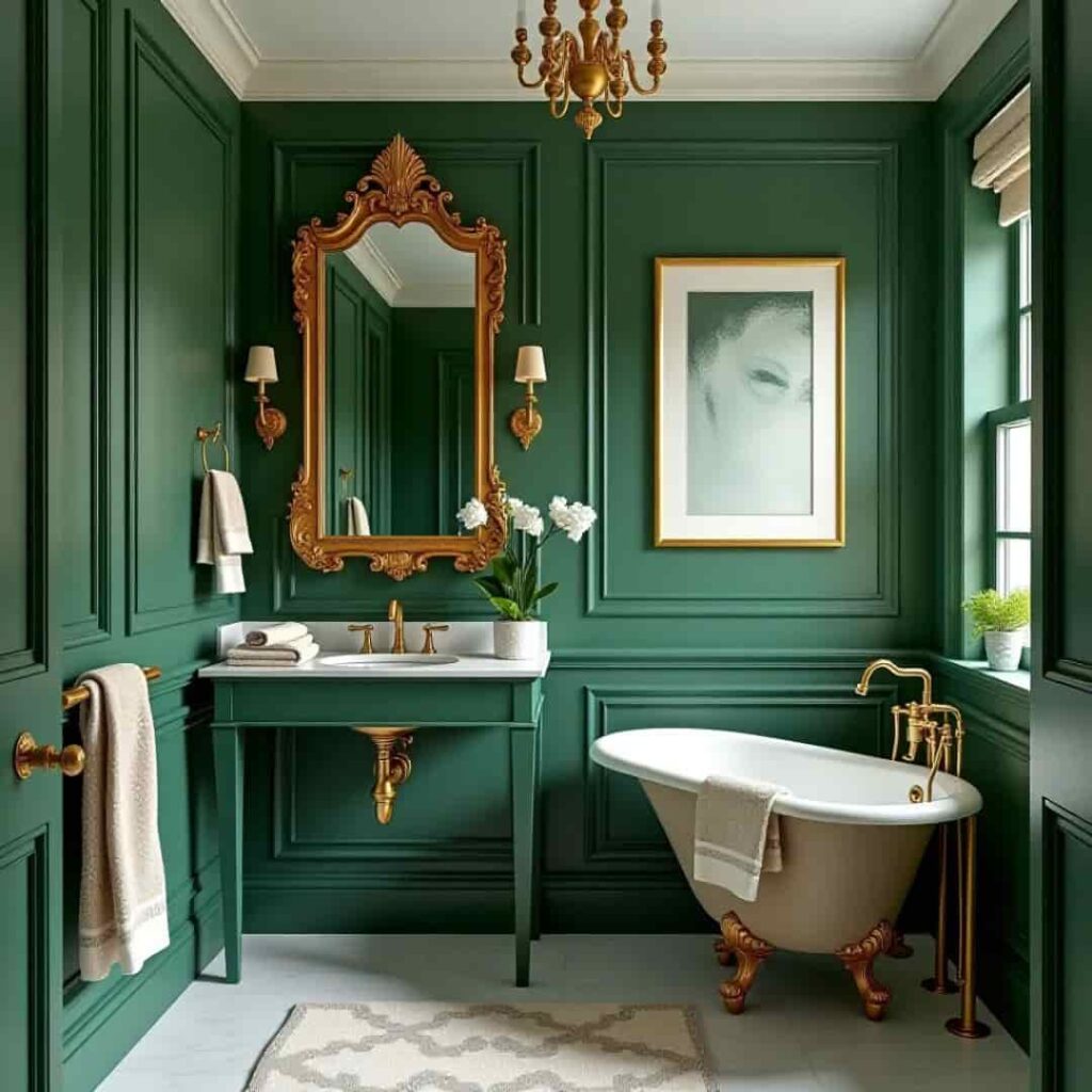 a bathroom with classic green and gold accent