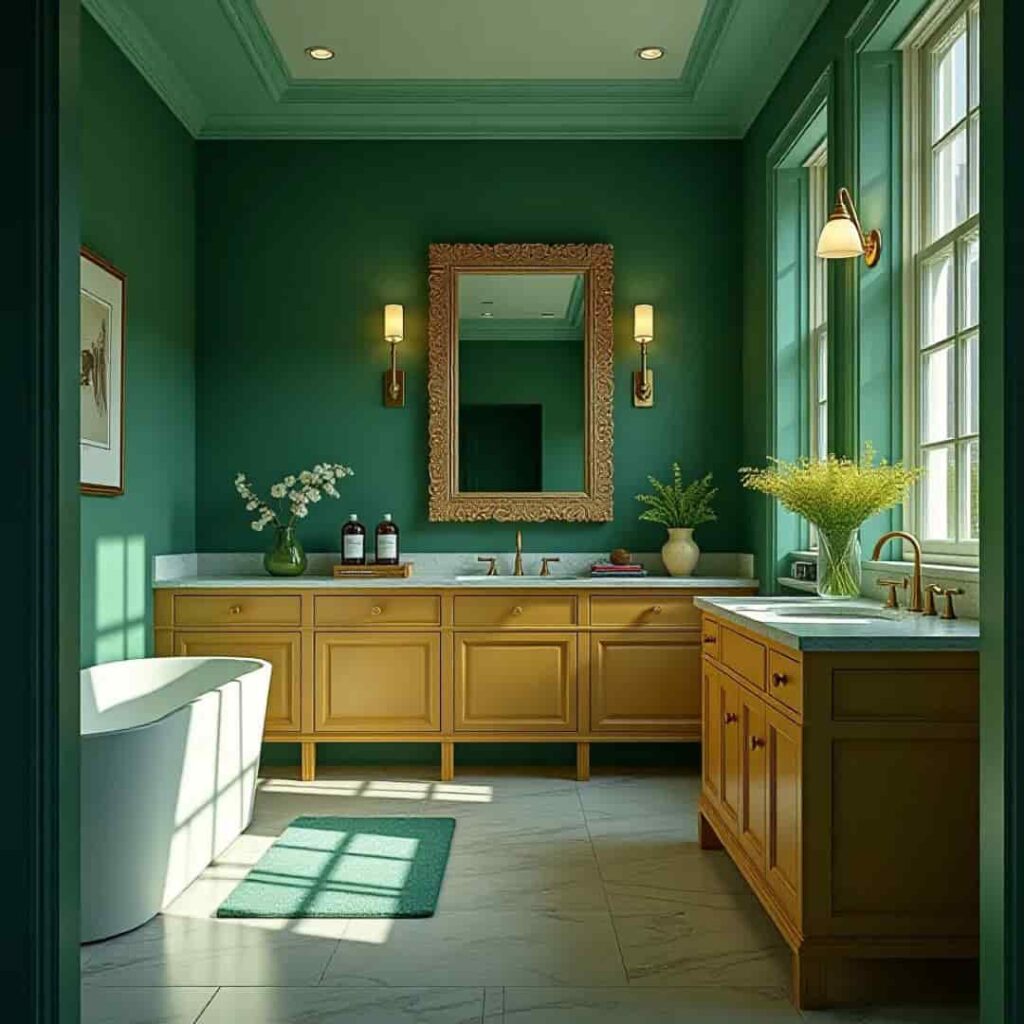an image showing emerald green bathroom walls with gold accent cabinets