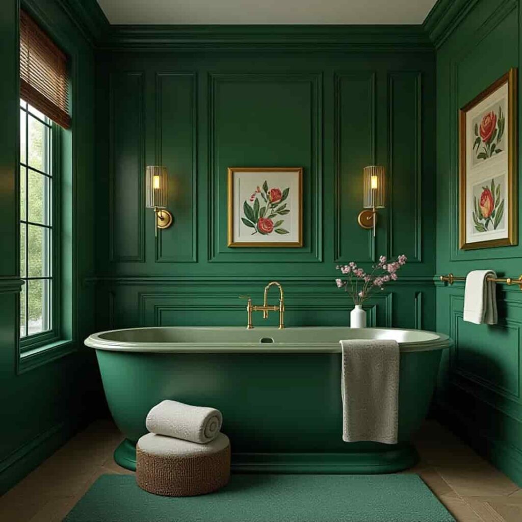 an image showing emerald green wall, wooden golden fixtures