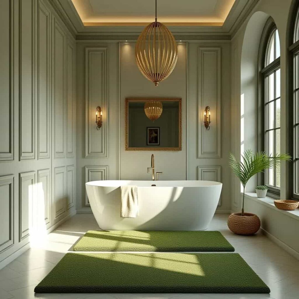 an image showing simple minimalist bathroom with emerald green rug with white wall accent