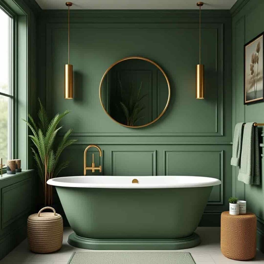an image showing sage green bathroom with golden accents
