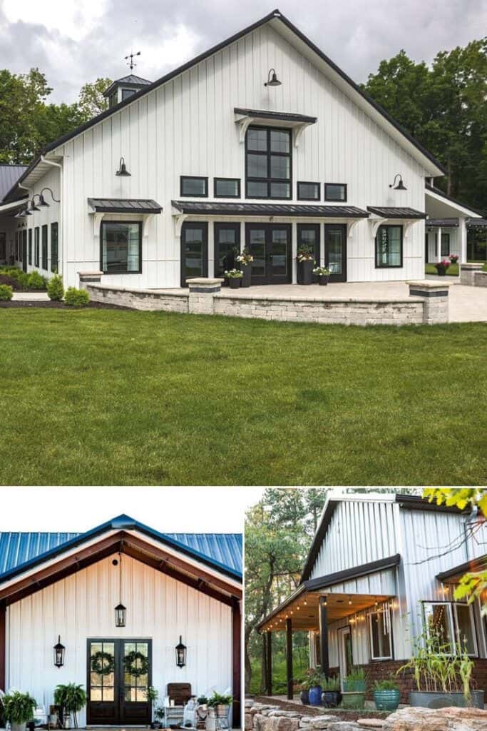 a white house with black trim on roofline, windows, doors shown from 3 different angles