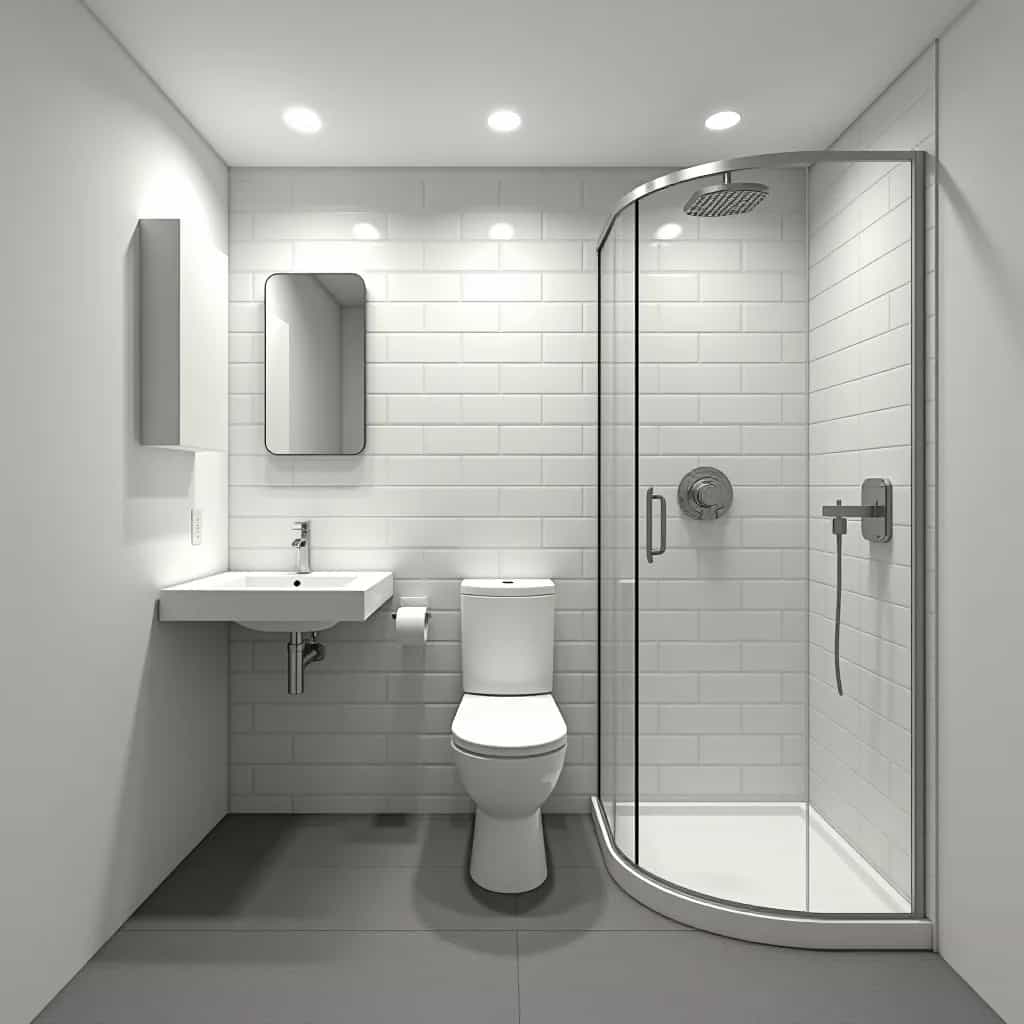 an image of a 3x5 powder room layout with a sink, toilet seat, and a curved corner shower