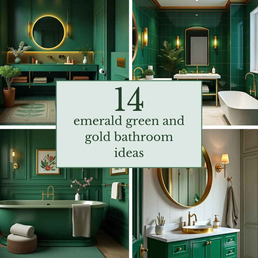 a collage of emerald green and golden bathroom images