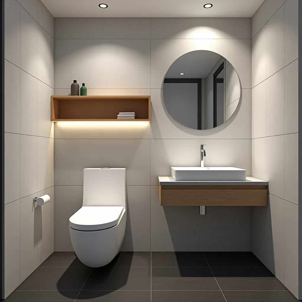 an image of a compact powder room with a floating shelve above the toilet seat, a sink, and round mirror