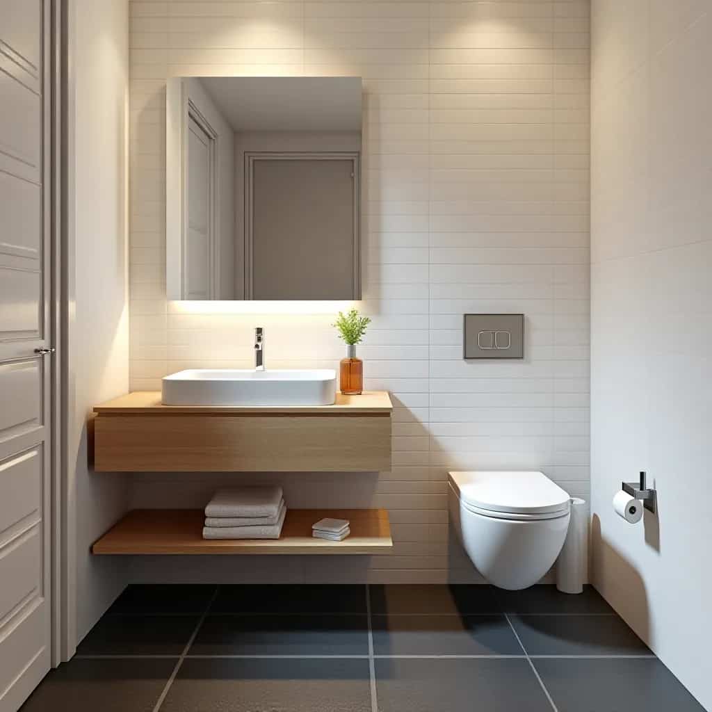 an image of small half baathroom 3x5 layout, with a floating vanity and sink, with a compact toilet