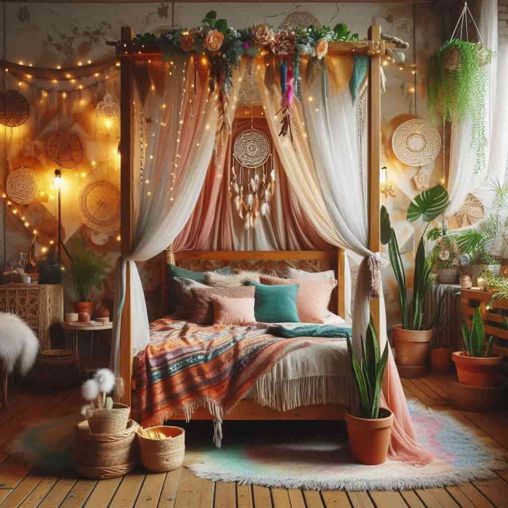 image showing a canopy in a bed with some lighting and boho style