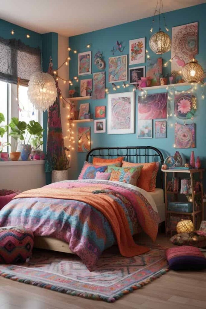 various string lights used in a gypsy styled bedroom