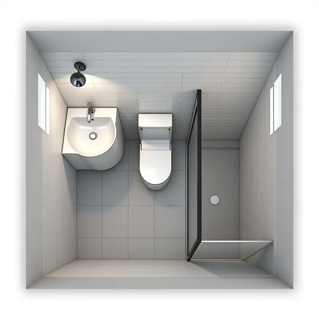 an image of 3x5 bathroom with a corner sink, toilet seat, and a small space for shower