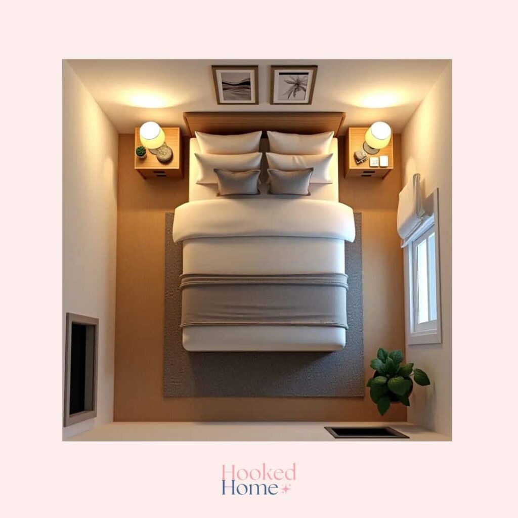 an image showing a queen size bed fitted into a 10x10 room with decorative elements