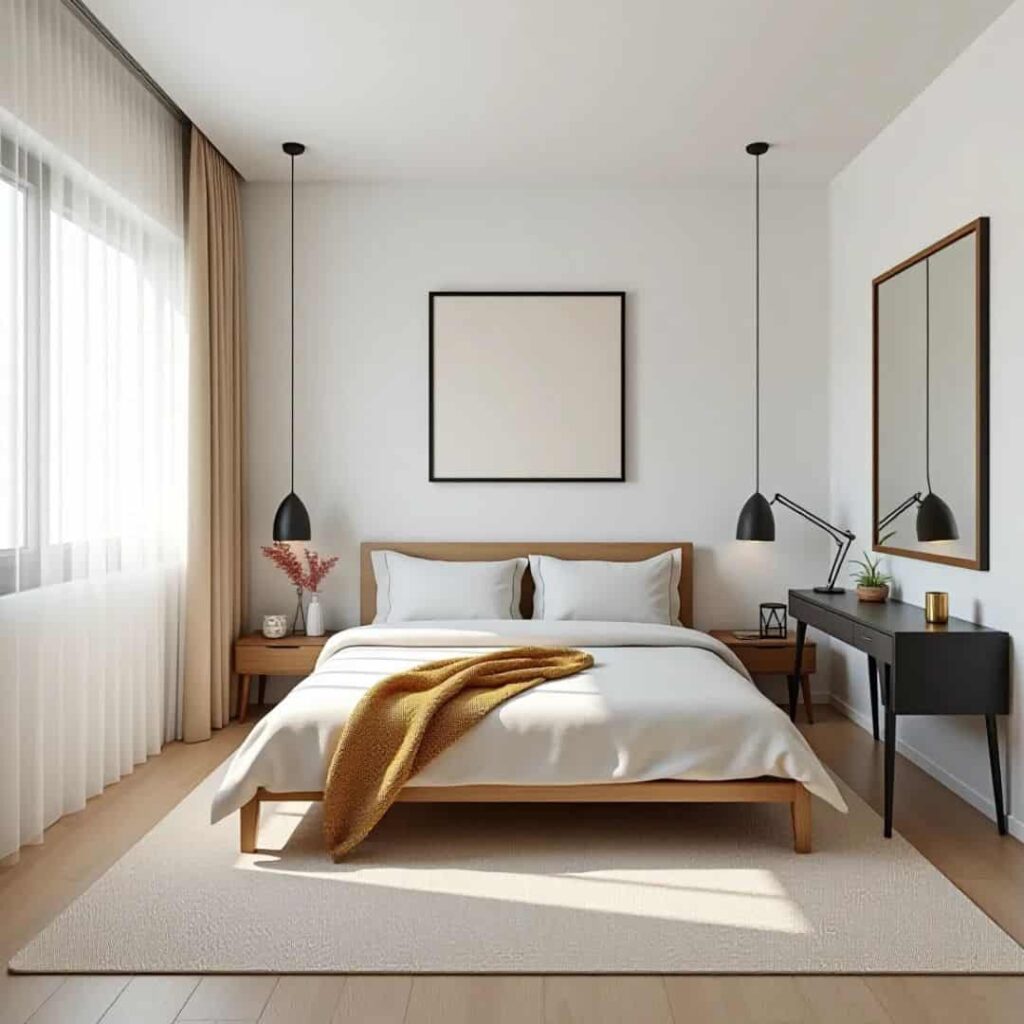 an image of a 10x10 bedroom with white wall colors, a side study table, ceiling lamps, curtains, mirrors, and proper lighting