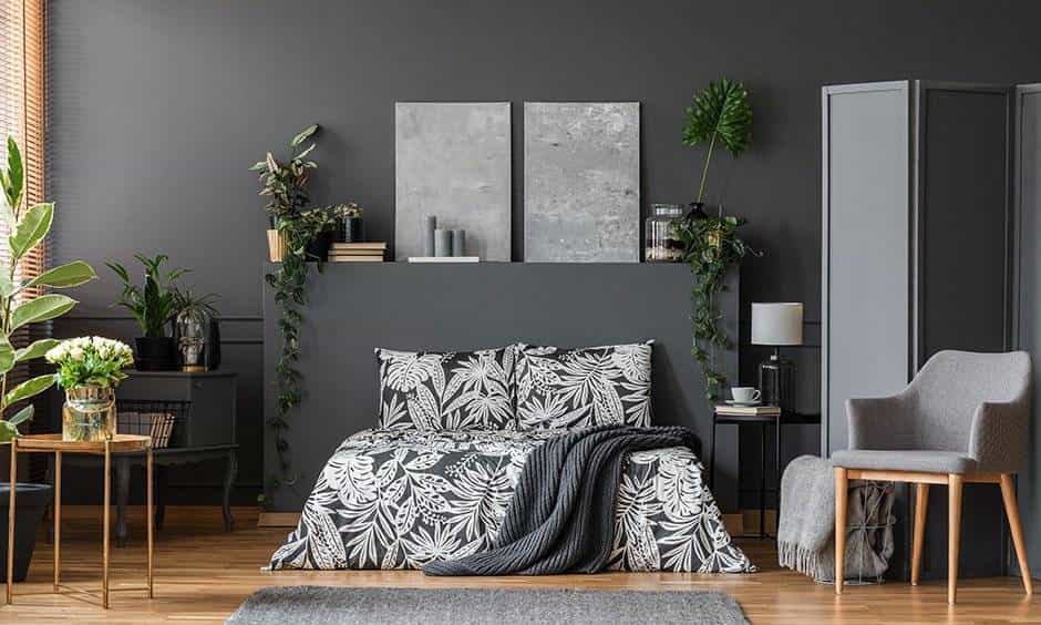 a dark grey masculine bedroom filled with plants and simple chair