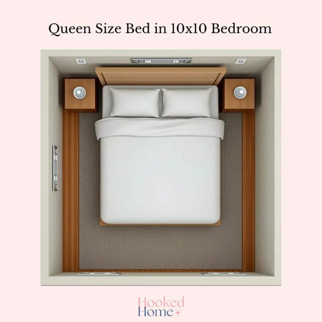 an image representing how a queen size bed will fit into a 10x10 bedroom