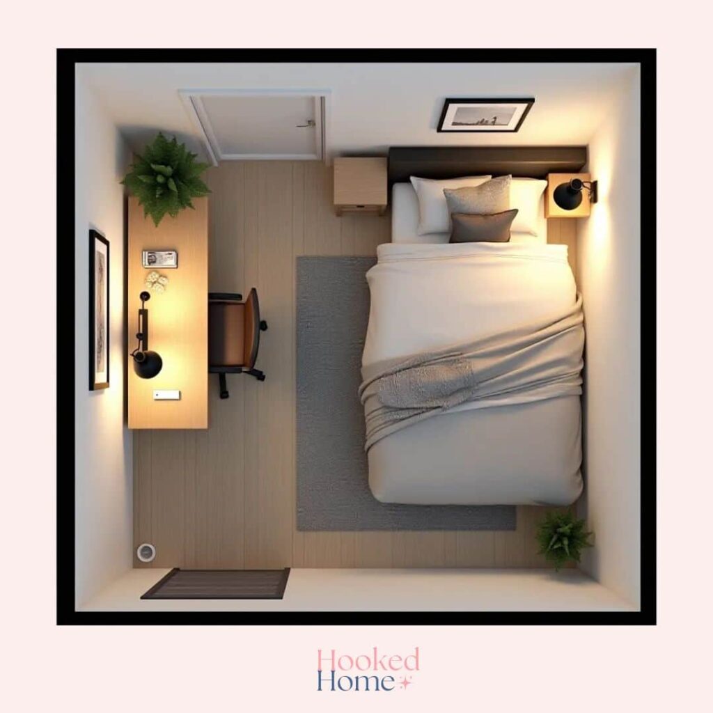 an image showing queen size bed fitted at the corner of 10x10 room, a work desk on one side, decorative elements, ambient lighting