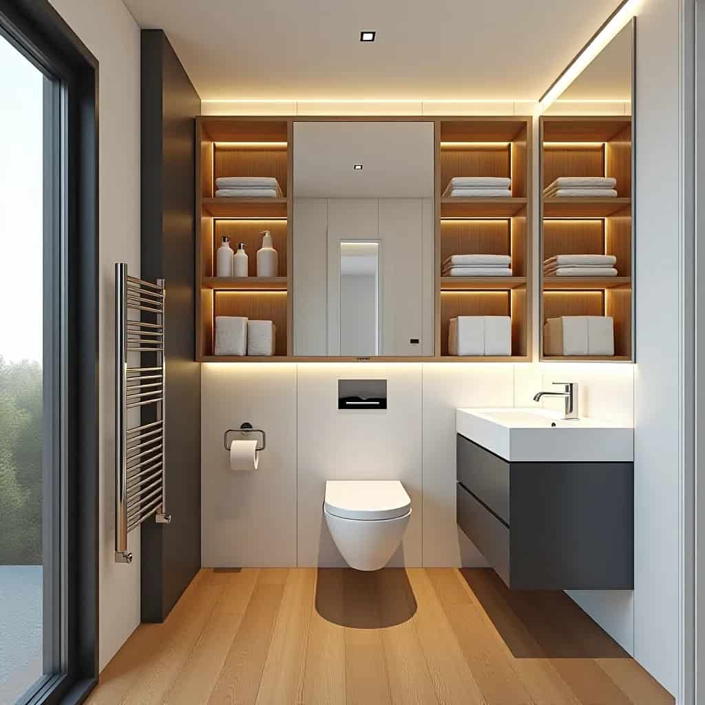 an image layout of a small bathroom with a 3x5 dimension, floating vertical shelves, compact toilet seat, and a floating vanity below sink