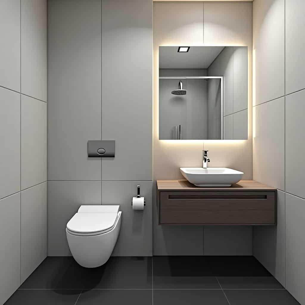 an image of 3x5 small bathroom with a floating seat, floating vanity, sink, and a large mirror