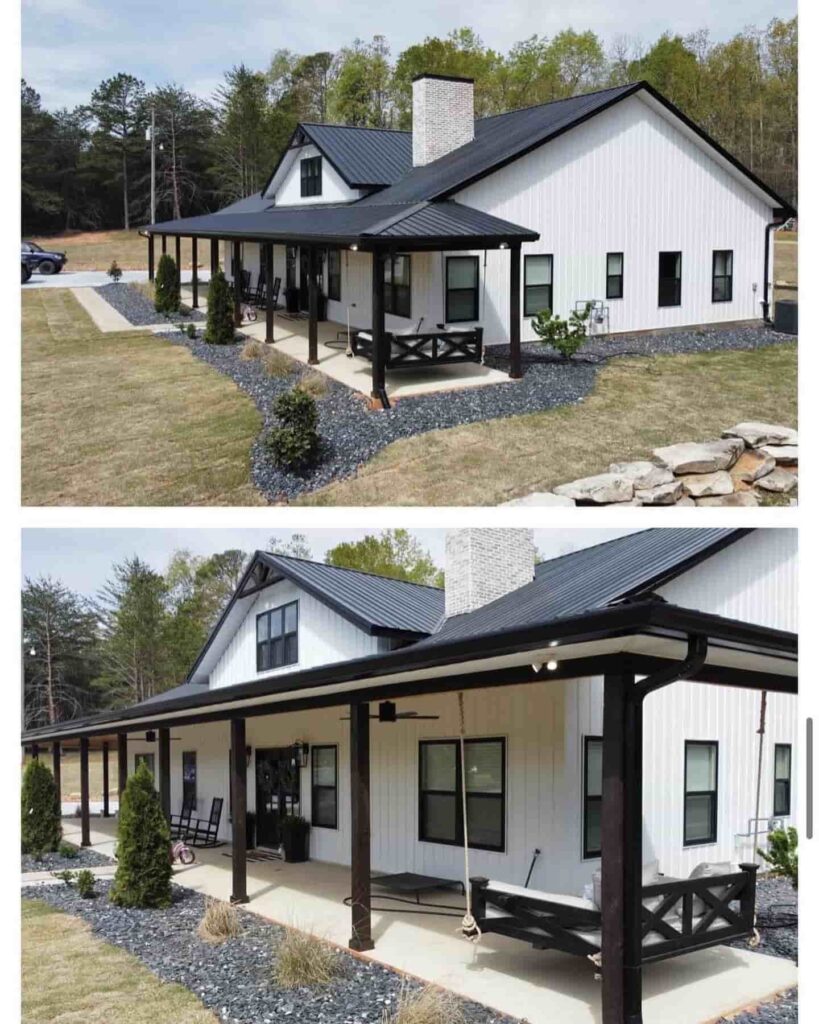 a view of bardominium with black and white exterior, black roof, white walls