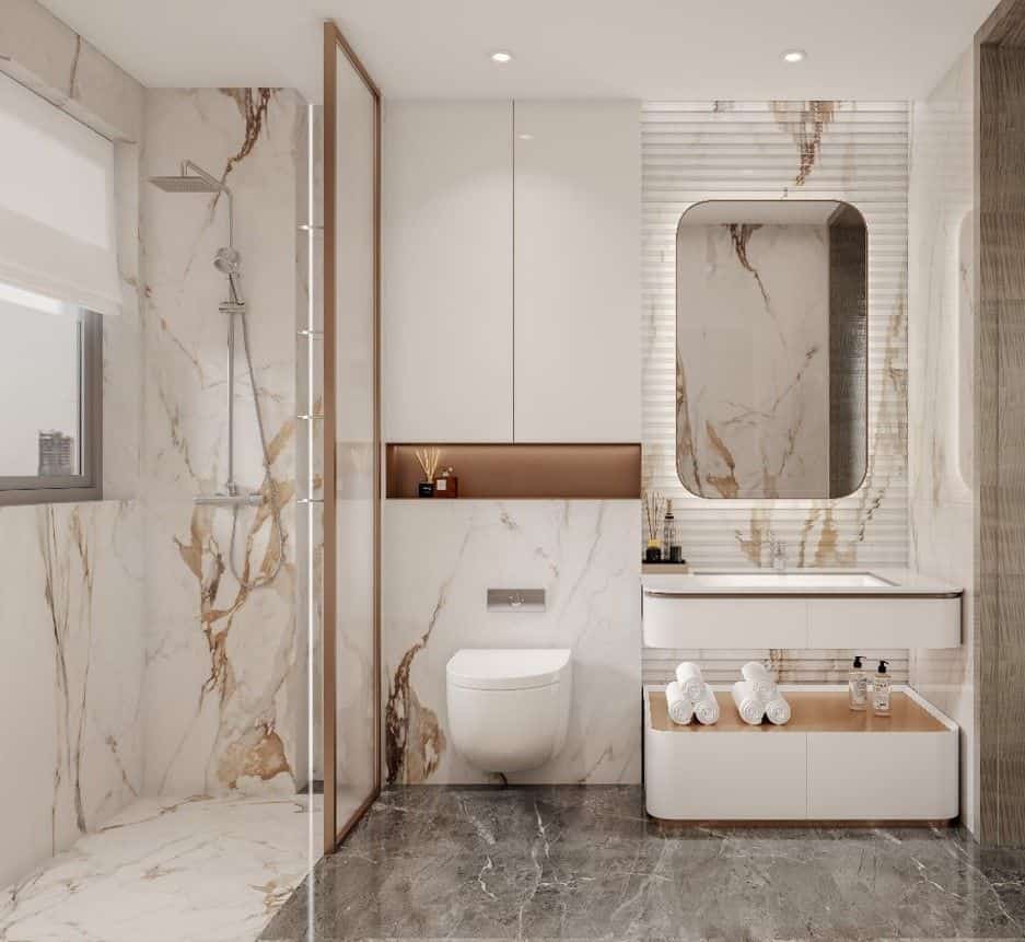 an image of a bathroom with dimension 10x10 having all essential fixtures on 1 single wall