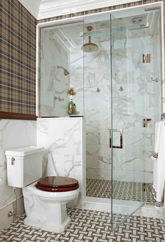 an image of a modern style 10x10 walk in shower bathroom with toilet and sink