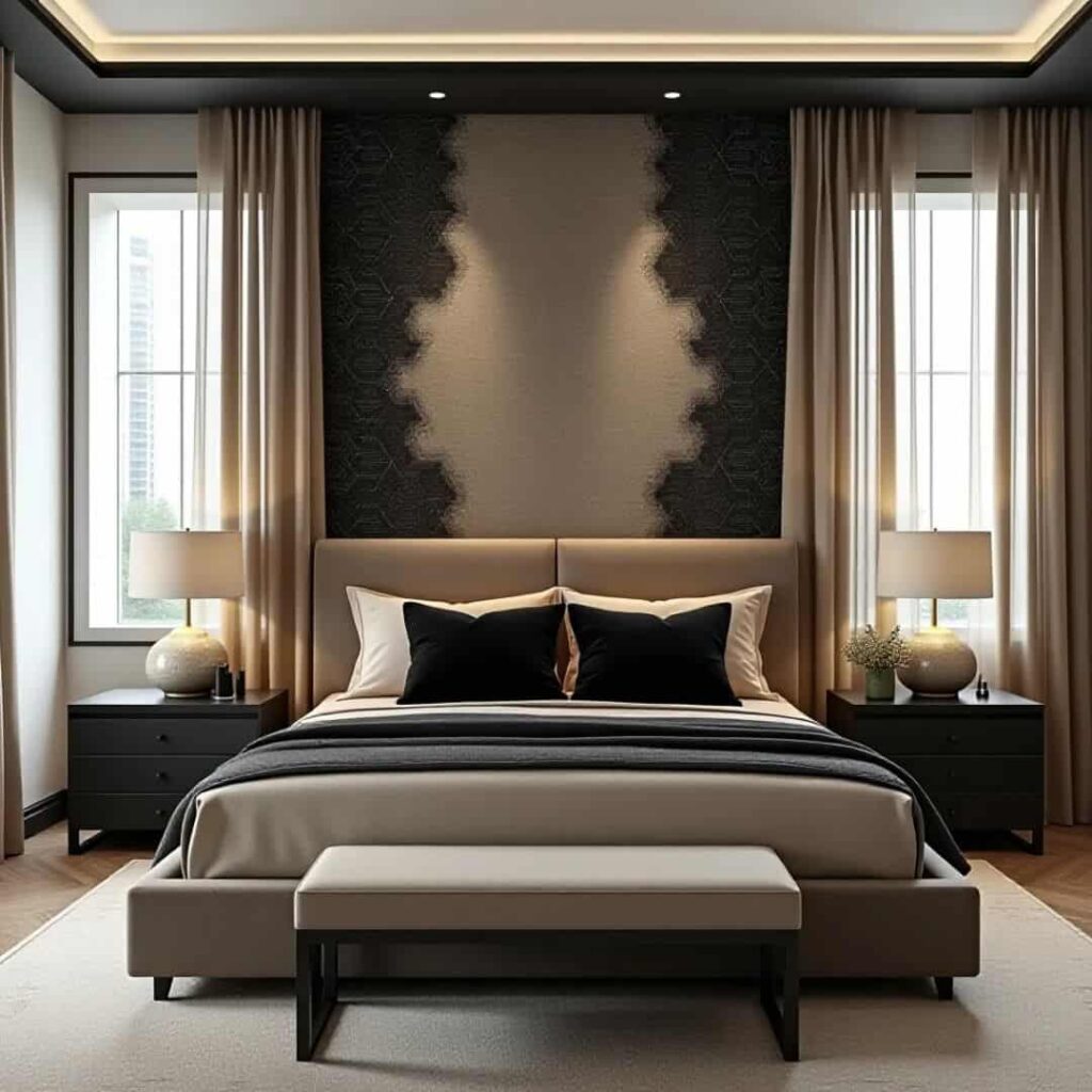 an image showing Black and beige bedroom with pattern on wall