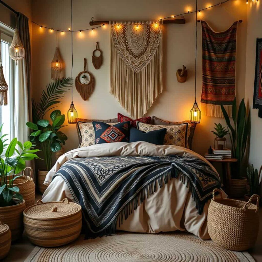 an image of Gypsy Boho black and beige bedroom