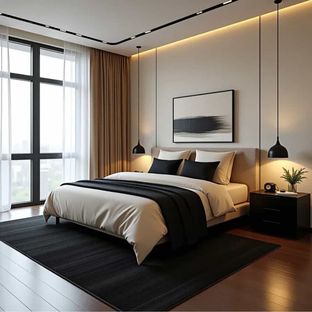 Monochromatic black and beige bedroom