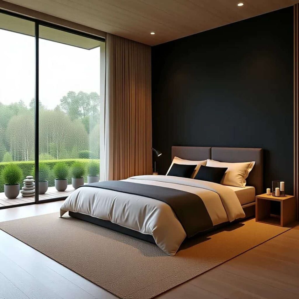 an image of Zen-inspired black and beige bedroom