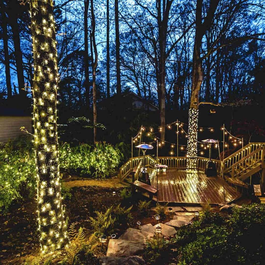 fairylights arrangement in a fairytale inspired english cottage garden