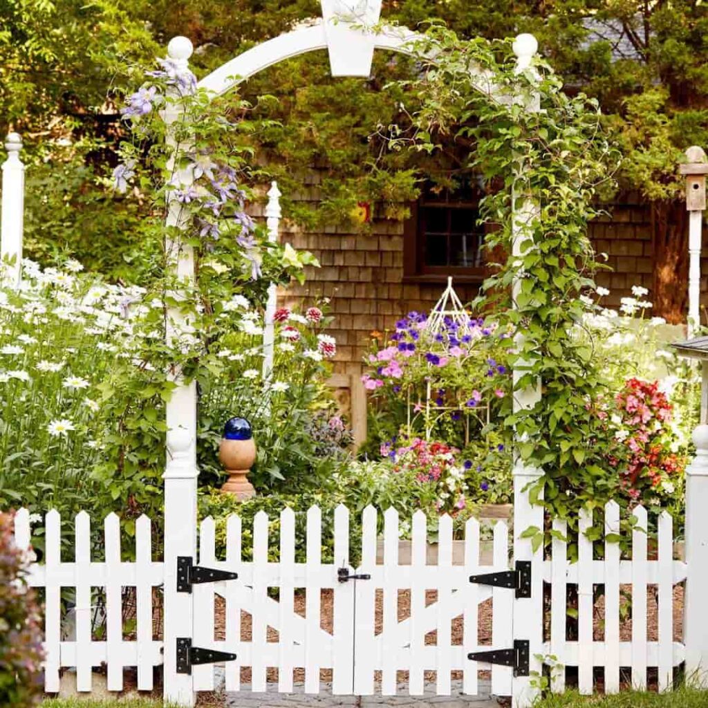 an image of a white fence with trellis in a garden