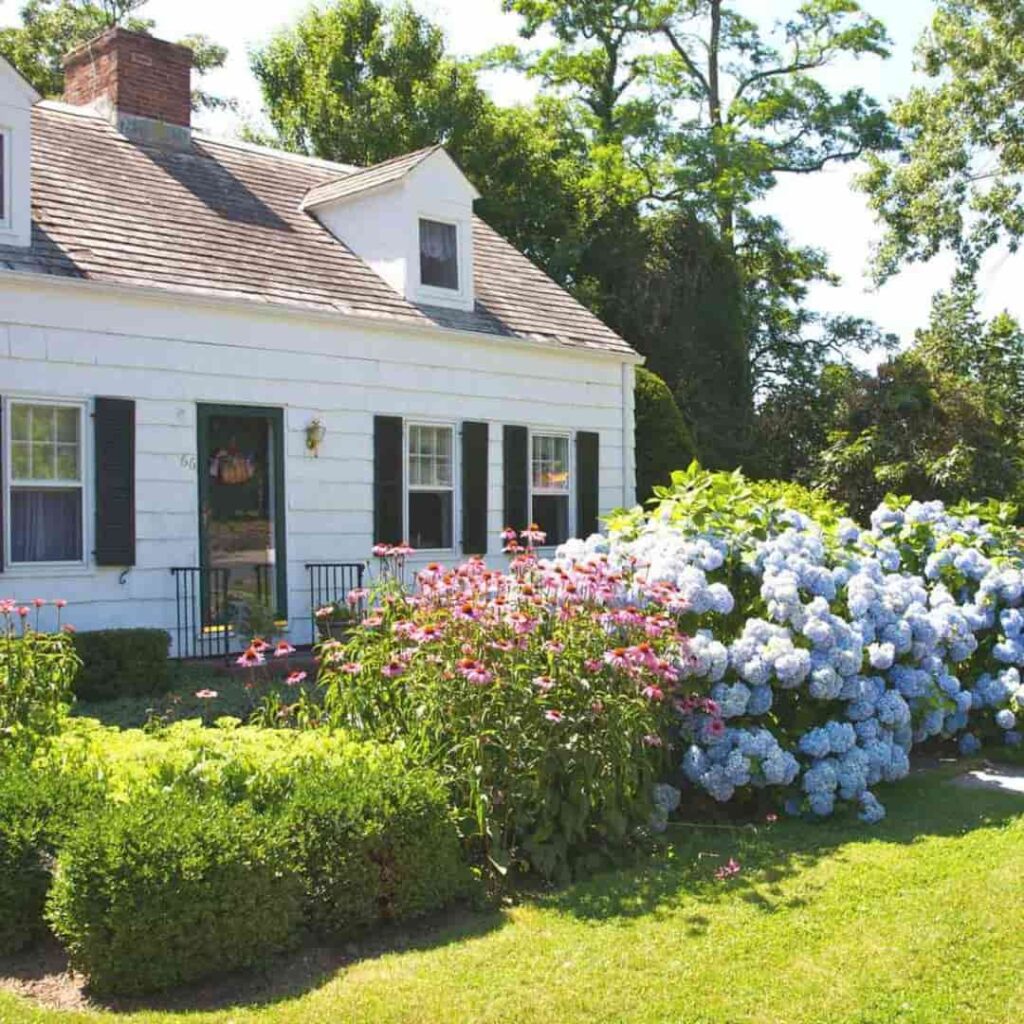 a flower bush in front of an english cottage garden for a farytale style garden