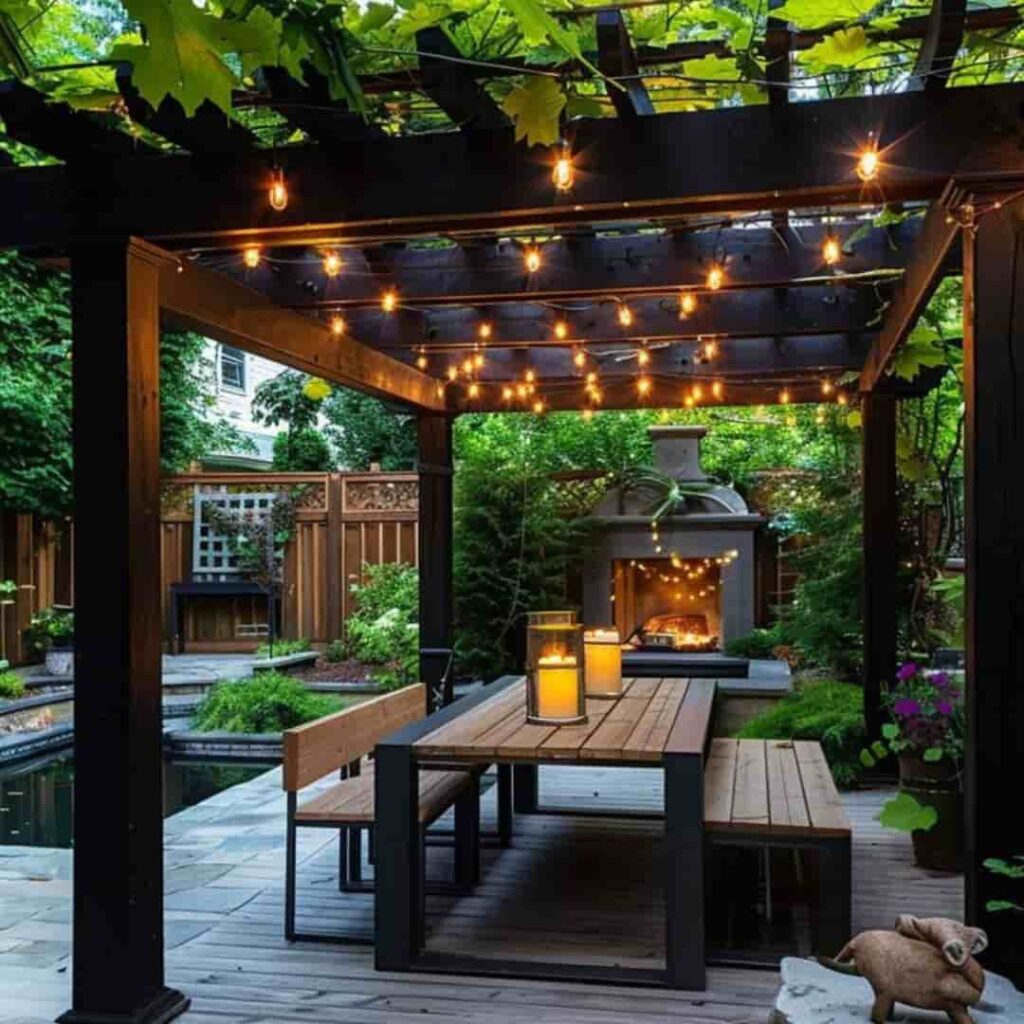 an image of a cedar pergola filled with lights and plants