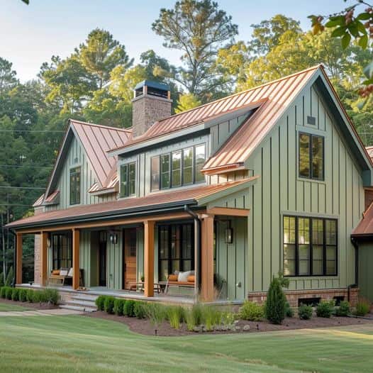 an image of a sage green house with brown roof