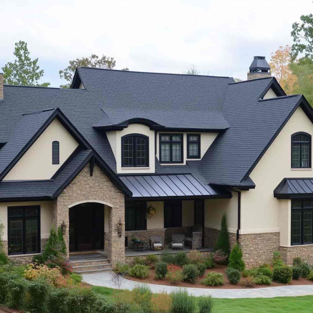 an image of a large Tan house with black metal roof