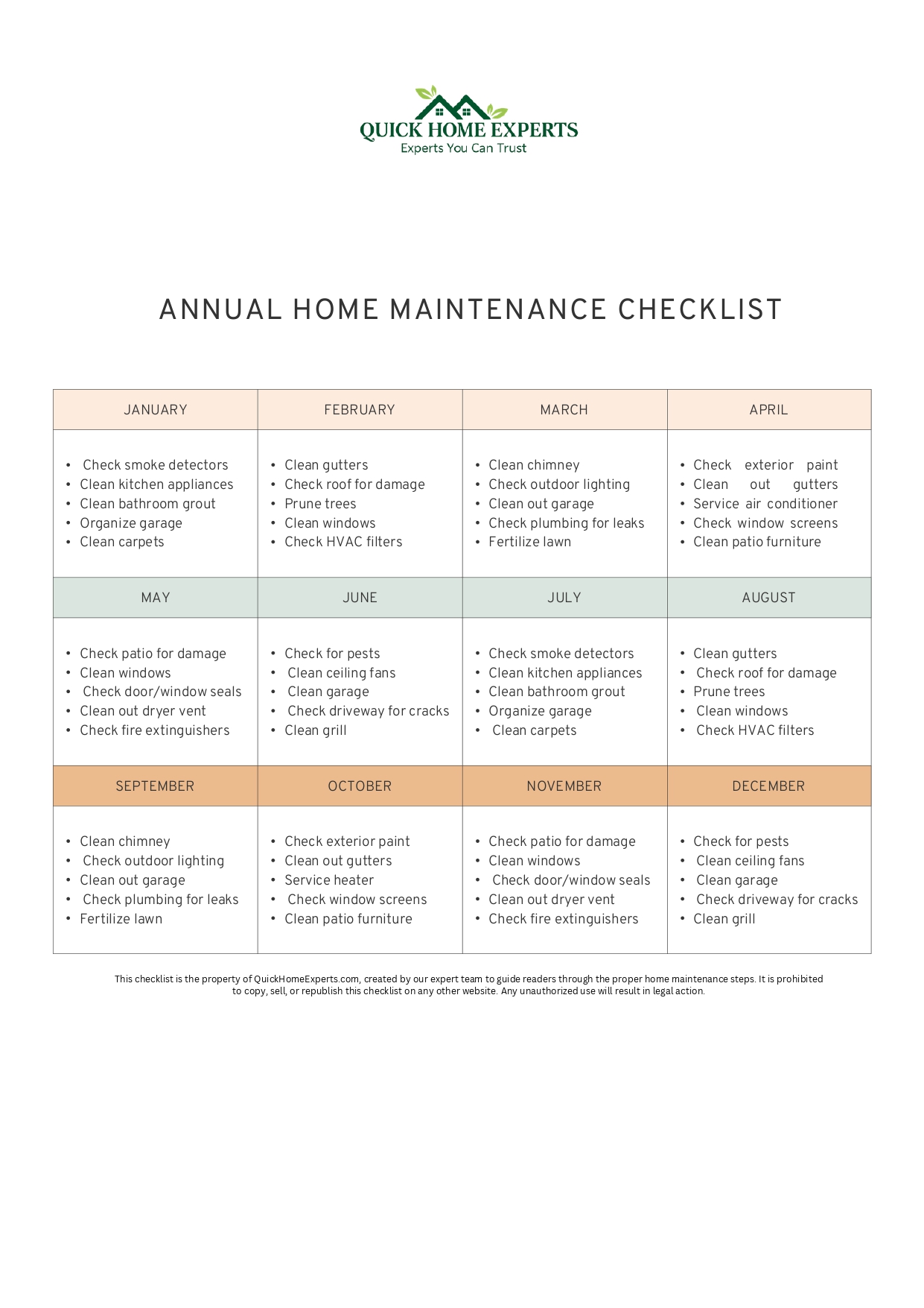 Home Maintenance Checklist by Quick Home Experts